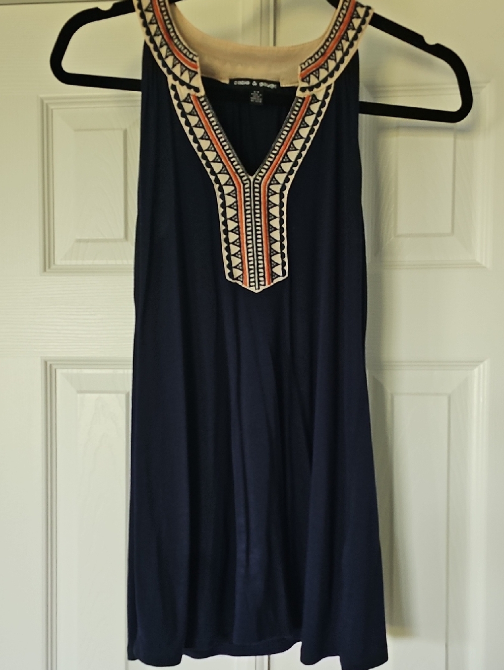 Cable & Gauge Navy Top with Embroidered V-Neck Trim